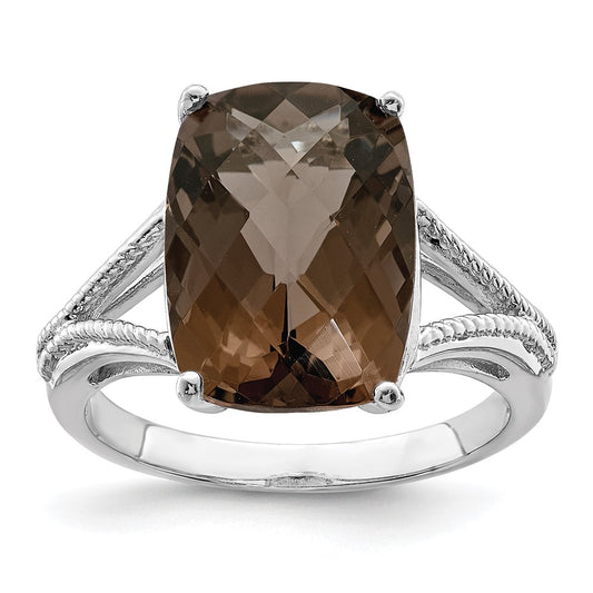 Sterling Silver Rhodium Checker Cut Smoky Quartz Ring