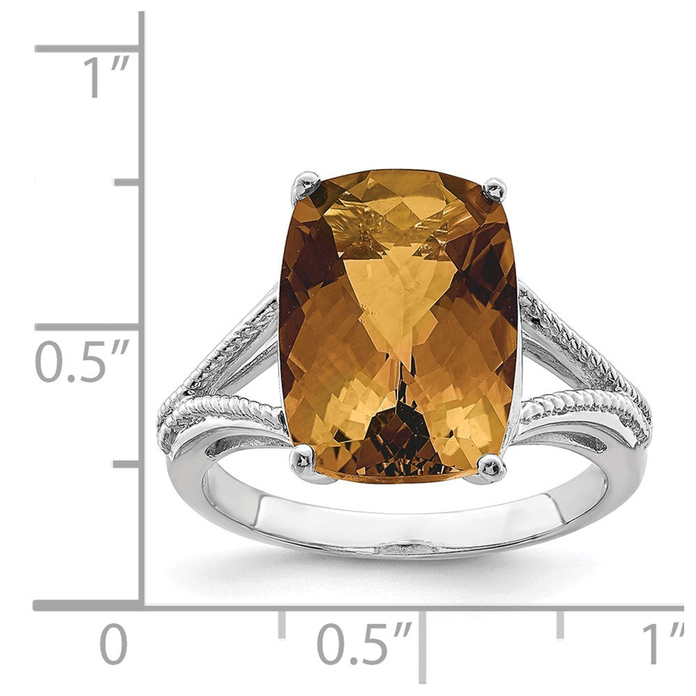 Sterling Silver Rhodium Checker Cut Whiskey Quartz Ring