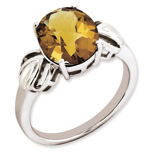 Sterling Silver Rhodium Plated Oval Checker Cut Whiskey Quartz Ring (Size 7 Only)