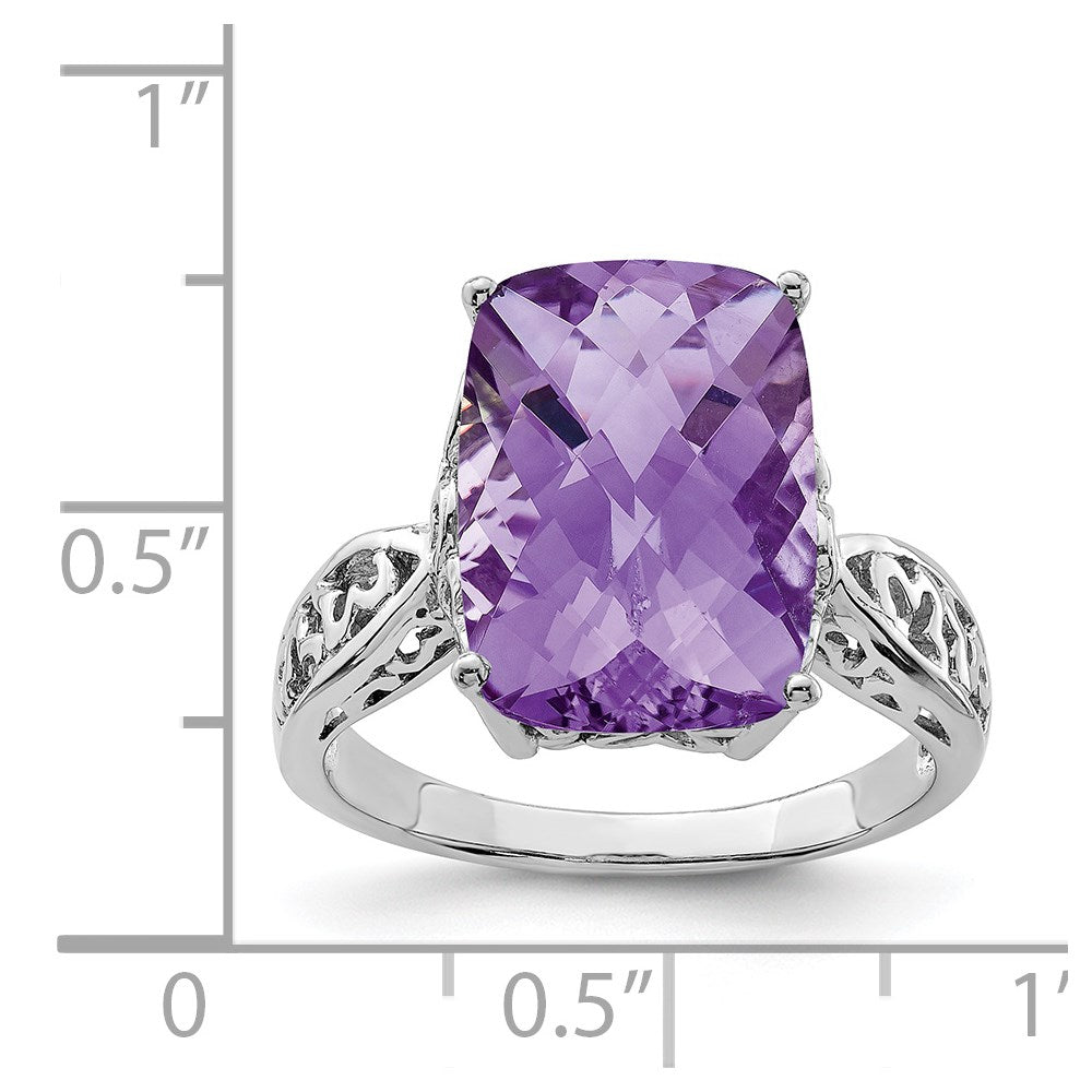 Sterling Silver Rhodium Plated Checker Cut Amethyst Ring (Size 7 Only)