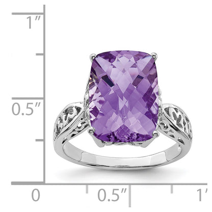 Sterling Silver Rhodium Plated Checker Cut Amethyst Ring (Size 7 Only)