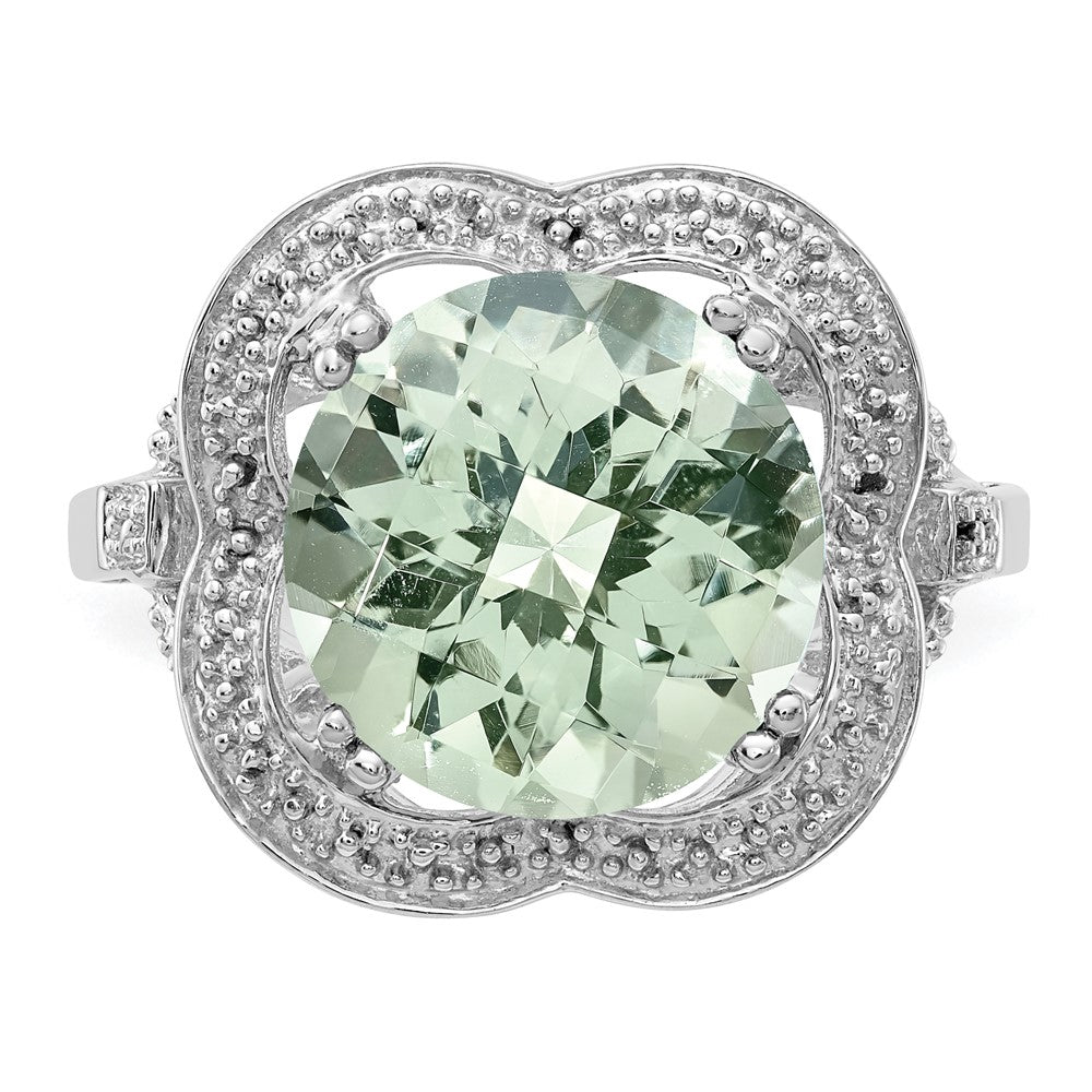 Sterling Silver Rhodium Checker Cut Green Quartz Ring (Size 7 Only)