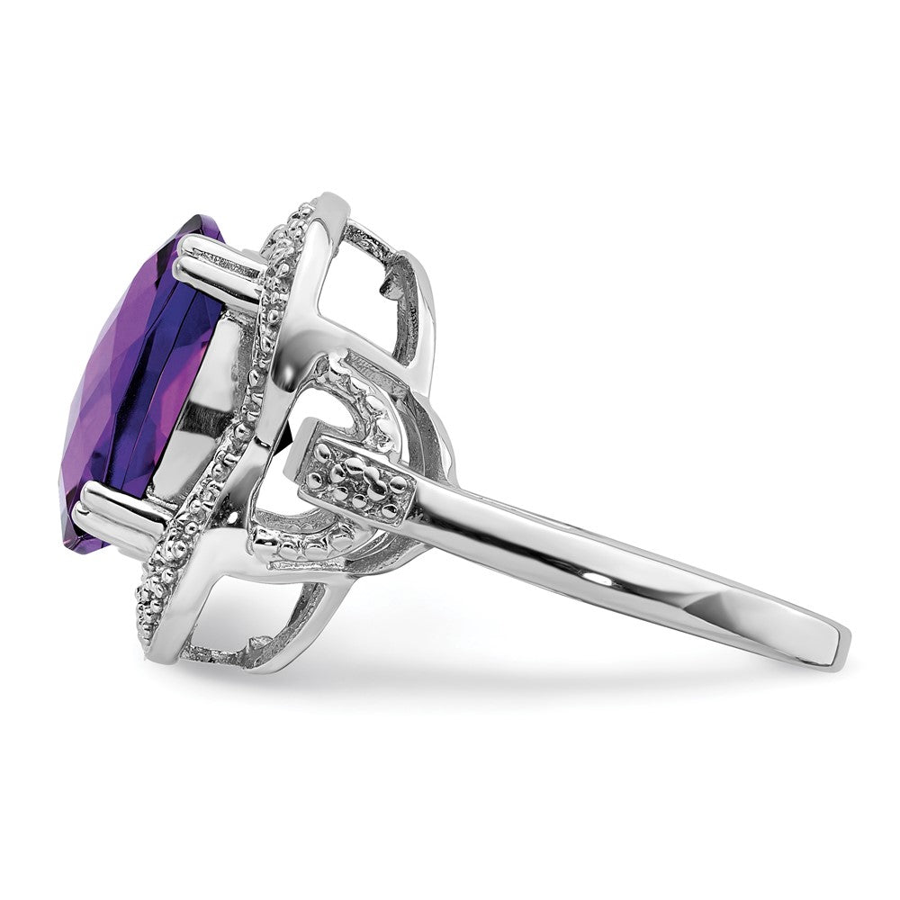 Sterling Silver Rhodium Plated Checker Cut Amethyst Ring (Size 7 Only)