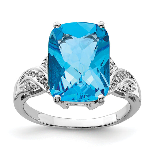 Sterling Silver Rhodium Checker Cut Blue Topaz Ring (Size 7 Only)