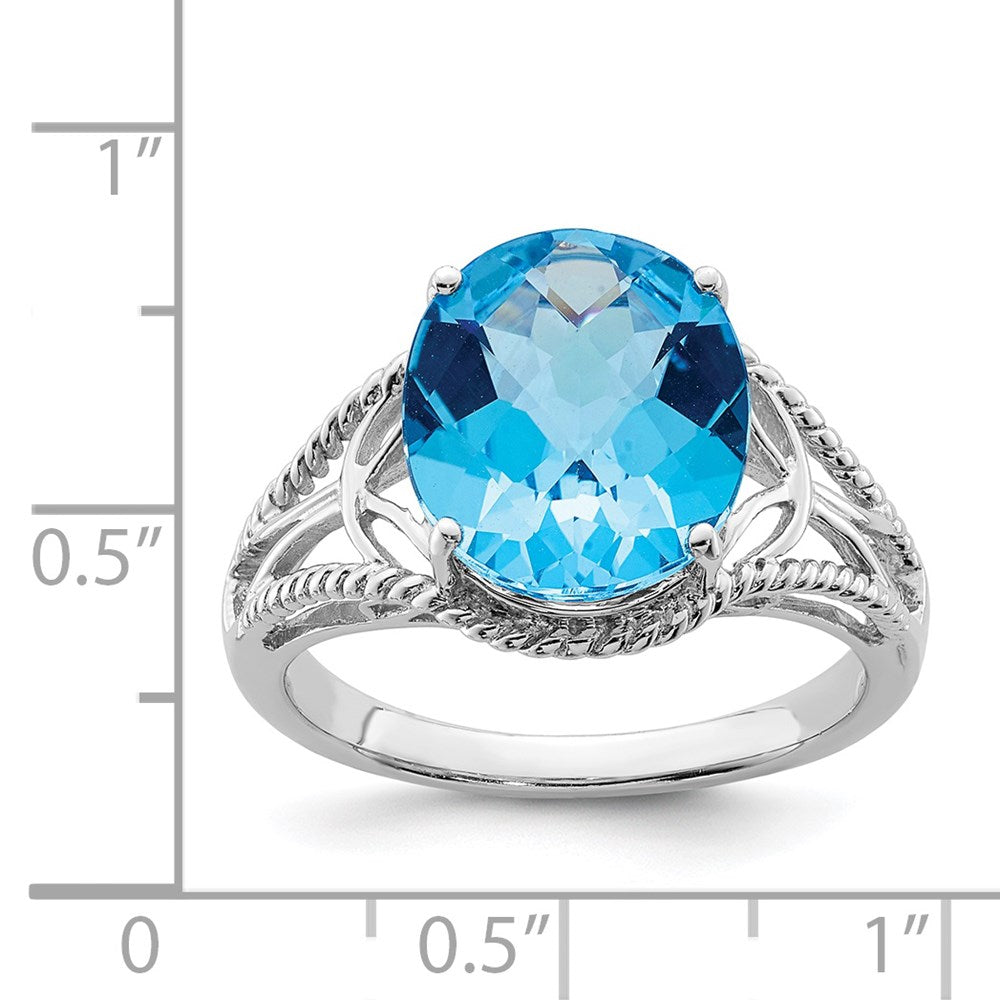 Sterling Silver Rhodium Oval Checker Cut Blue Topaz Ring (Size 7 Only)