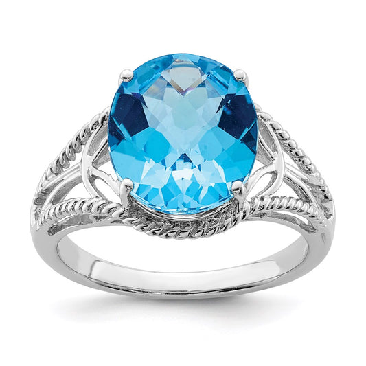 Sterling Silver Rhodium Oval Checker Cut Blue Topaz Ring (Size 7 Only)