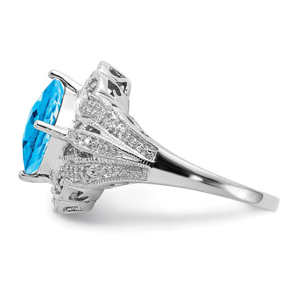 Sterling Silver Rhodium Checker Cut Blue Topaz & Diamond Ring (Size 7 Only)