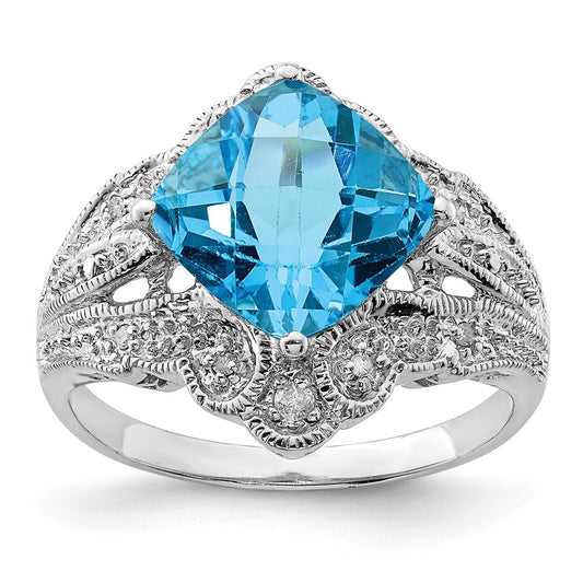 Sterling Silver Rhodium Checker Cut Blue Topaz & Diamond Ring (Size 7 Only)