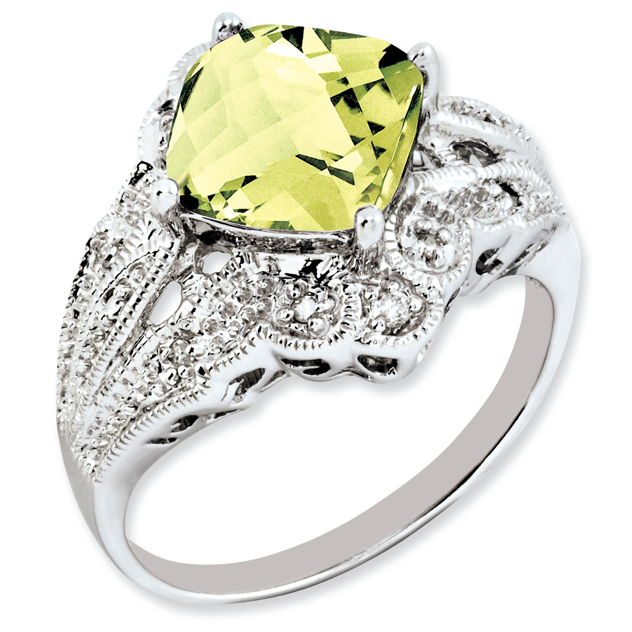 Sterling Silver Rhodium Plated Checker Cut Lemon Quartz & Diamond Ring (Size 7 Only)