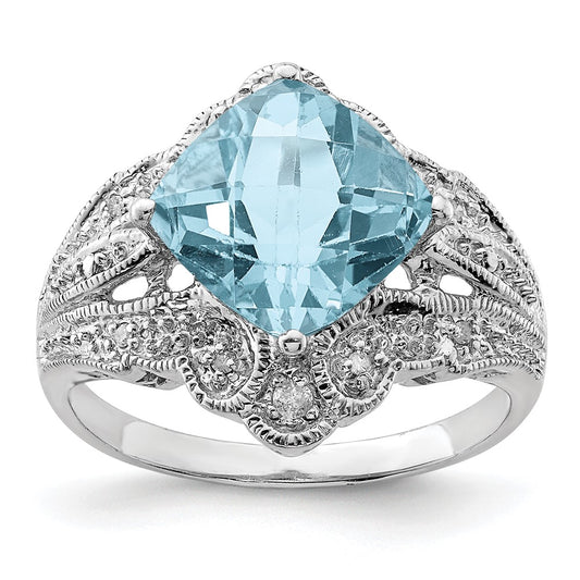 Sterling Silver Rhodium Checker Cut Sky Blue Topaz & Diamond Ring (Size 7 Only)