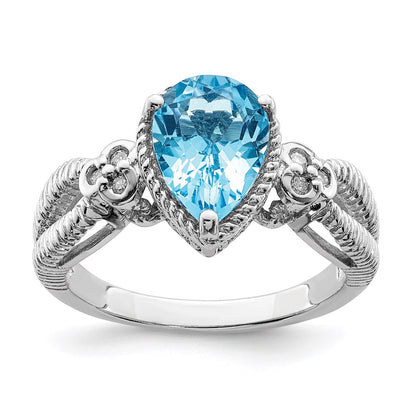 Sterling Silver Rhodium Blue Topaz & Diamond Ring (Size 7 Only)