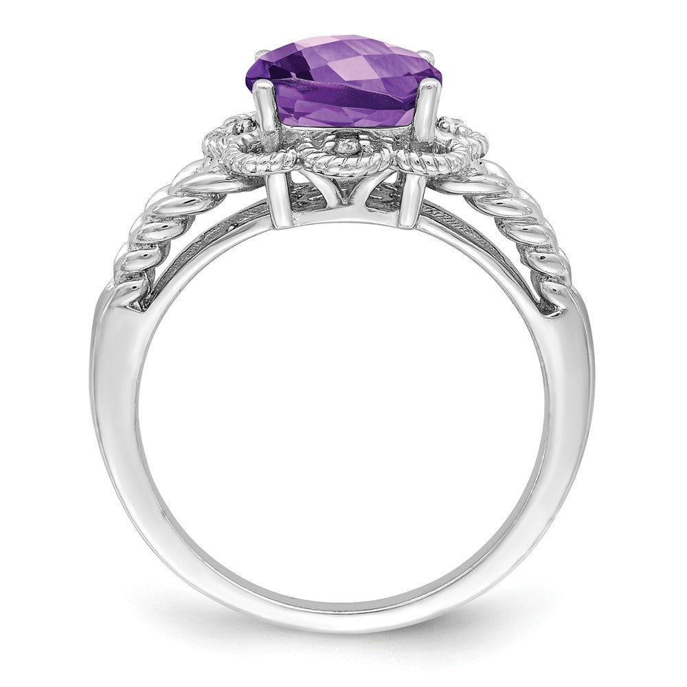 Sterling Silver Rhodium Plated Checker Cut Amethyst & Diamond Ring