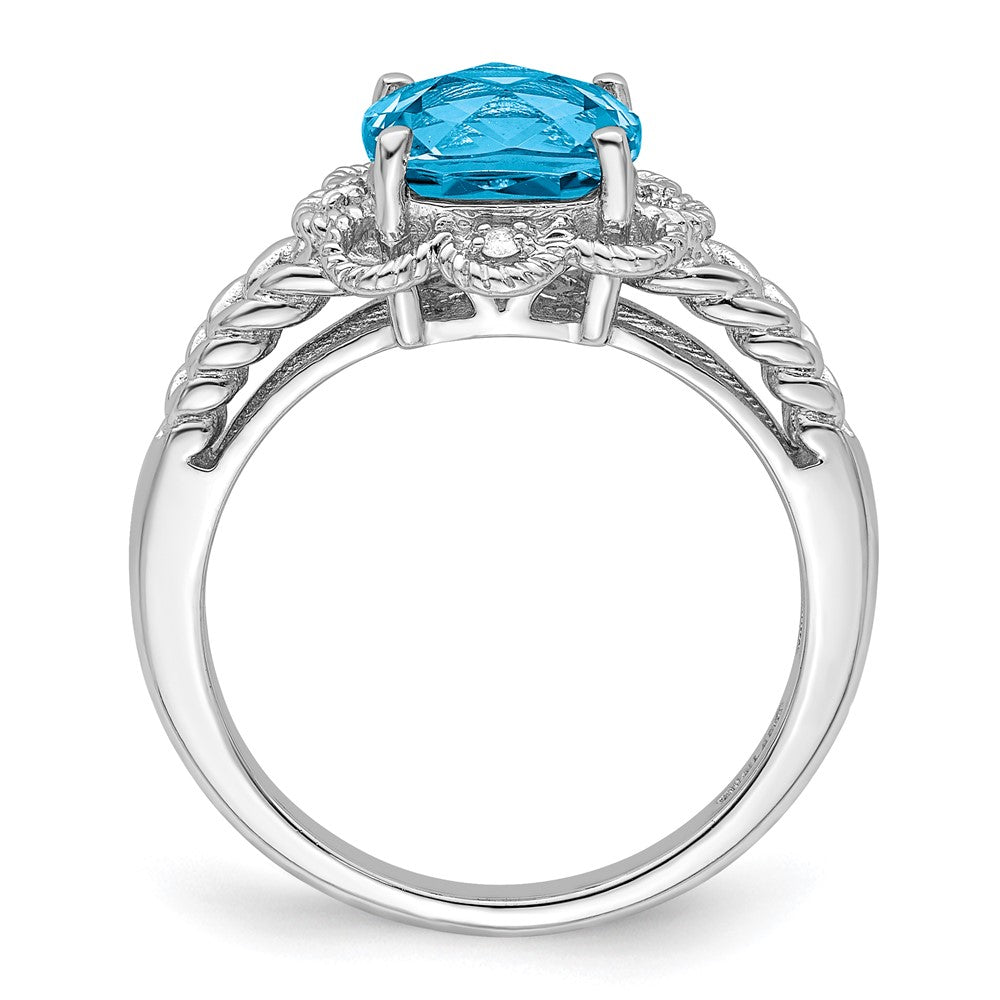 Sterling Silver Rhodium Checker Cut Blue Topaz & Diamond Ring