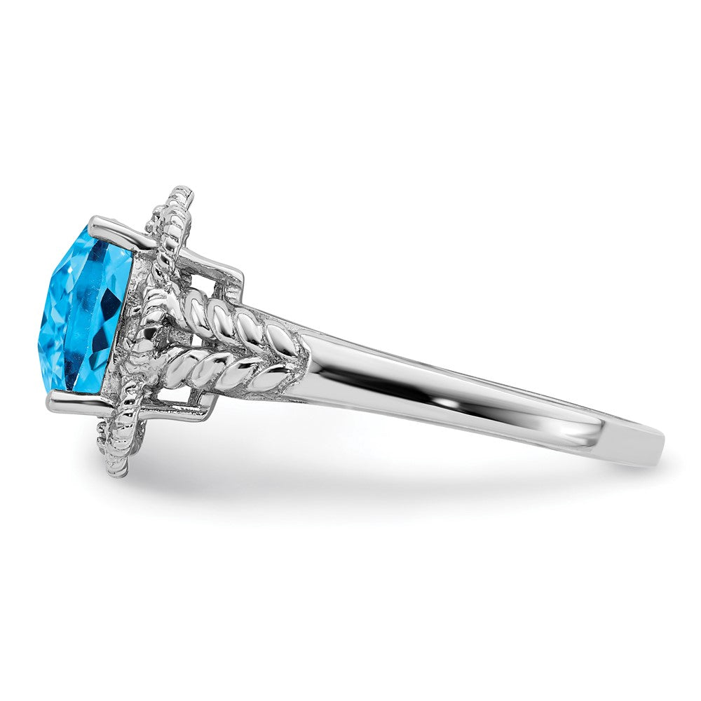 Sterling Silver Rhodium Checker Cut Blue Topaz & Diamond Ring