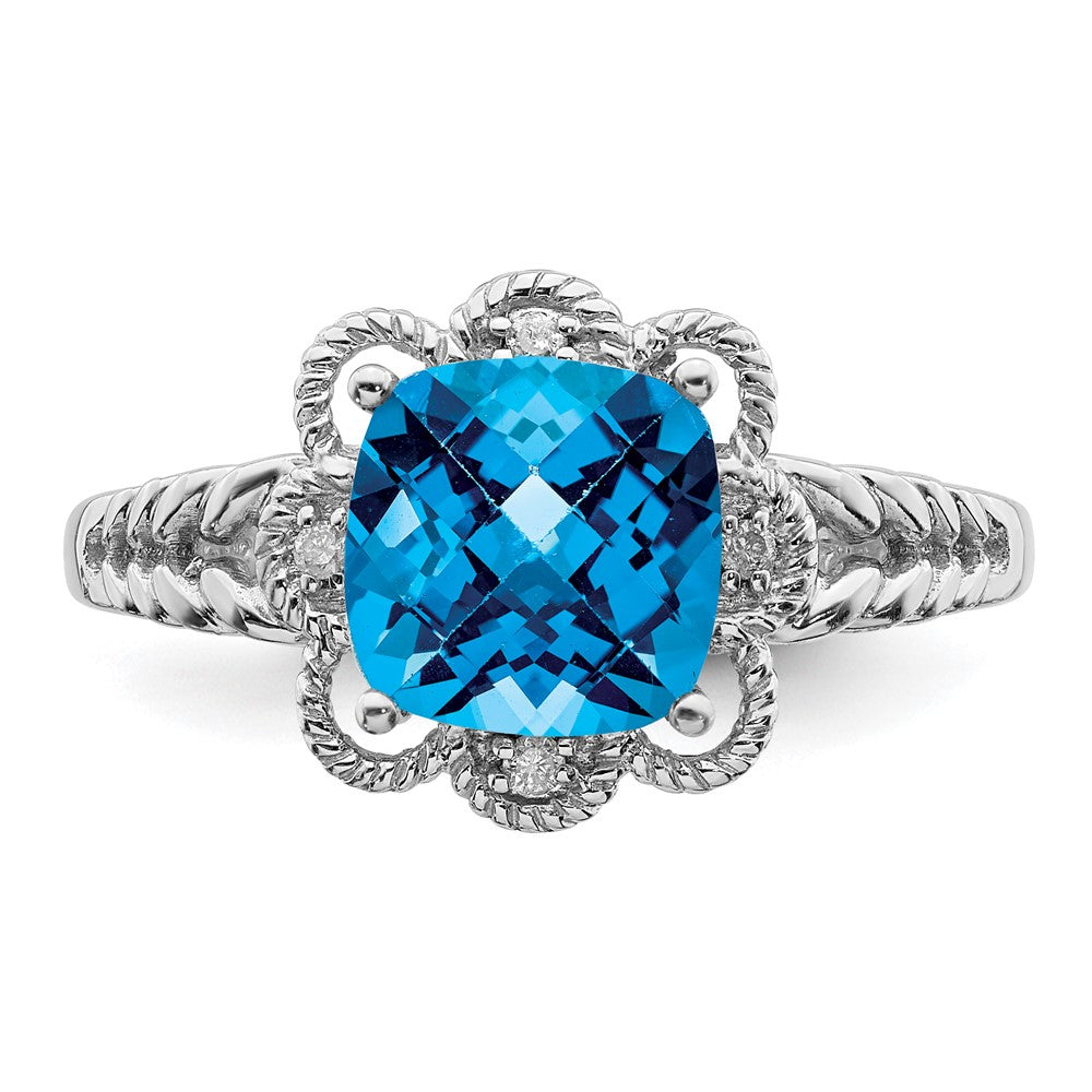 Sterling Silver Rhodium Checker Cut Blue Topaz & Diamond Ring