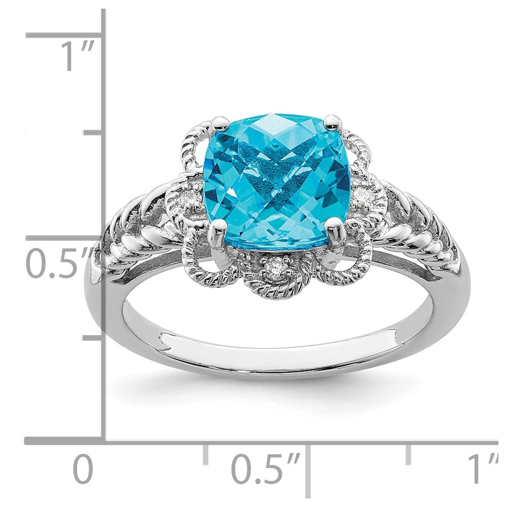 Sterling Silver Rhodium Checker Cut Blue Topaz & Diamond Ring