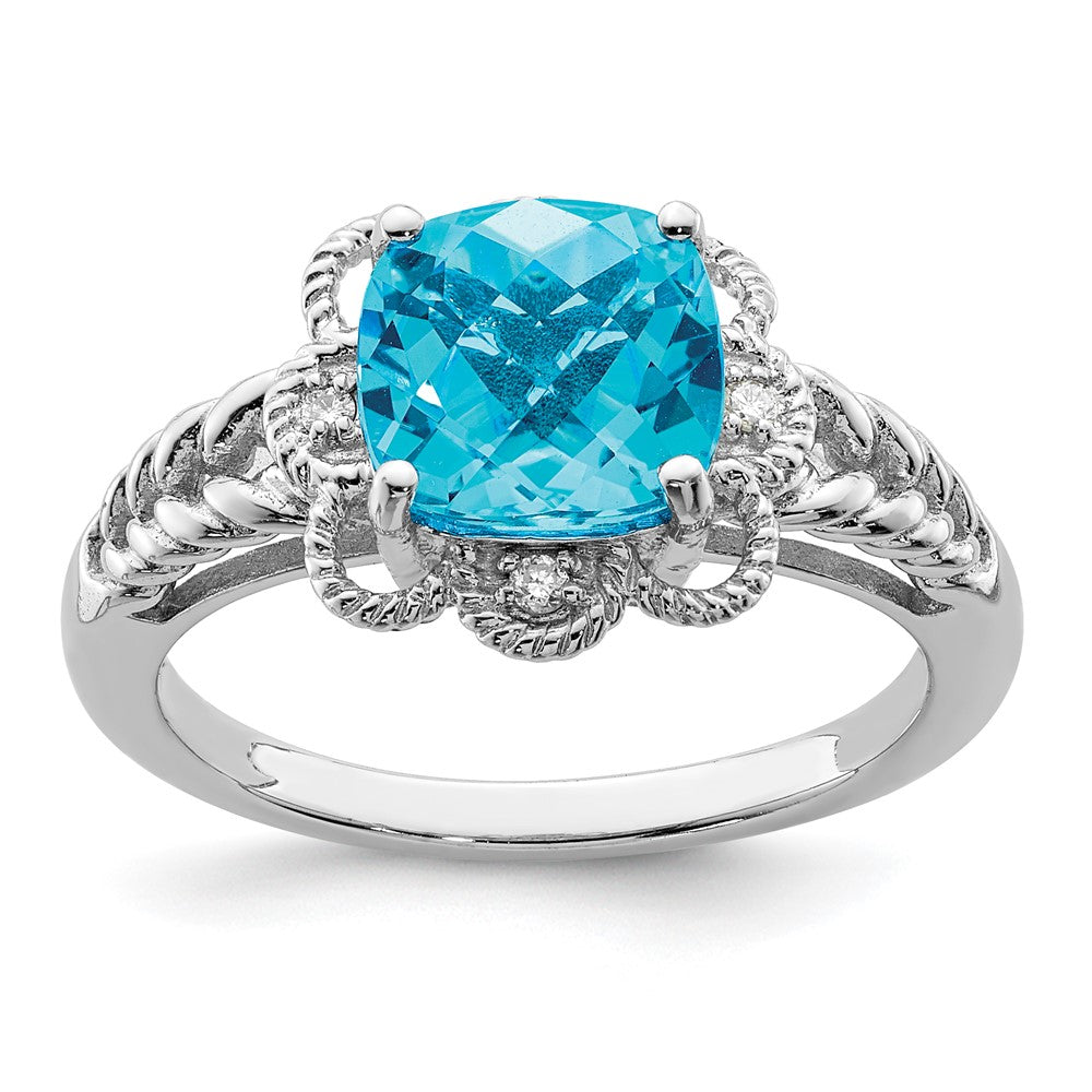 Sterling Silver Rhodium Checker Cut Blue Topaz & Diamond Ring