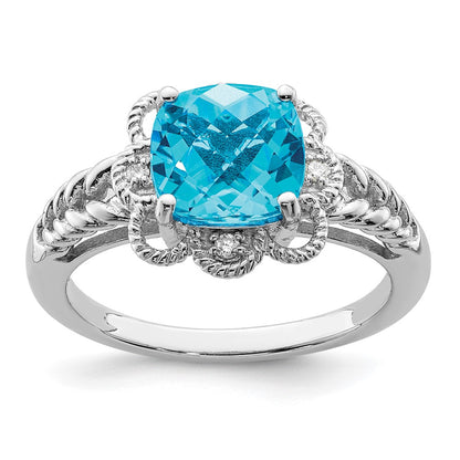 Sterling Silver Rhodium Checker Cut Blue Topaz & Diamond Ring