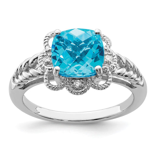 Sterling Silver Rhodium Checker Cut Blue Topaz & Diamond Ring