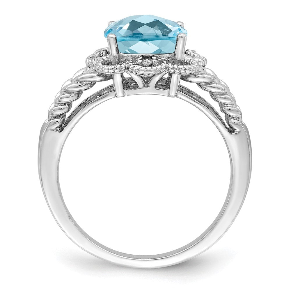 Sterling Silver Rhodium Checker Cut Sky Blue Topaz & Diamond Ring