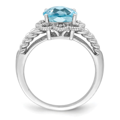 Sterling Silver Rhodium Checker Cut Sky Blue Topaz & Diamond Ring