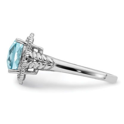 Sterling Silver Rhodium Checker Cut Sky Blue Topaz & Diamond Ring