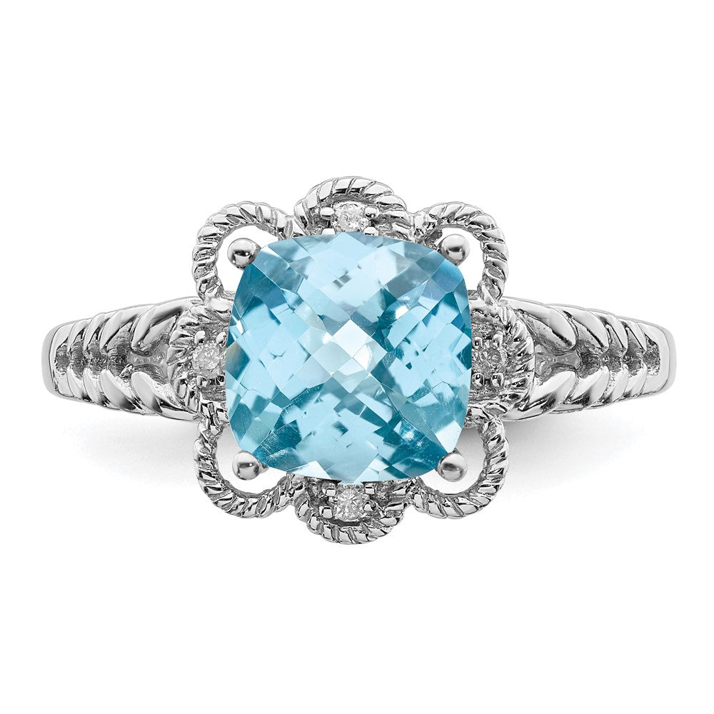 Sterling Silver Rhodium Checker Cut Sky Blue Topaz & Diamond Ring