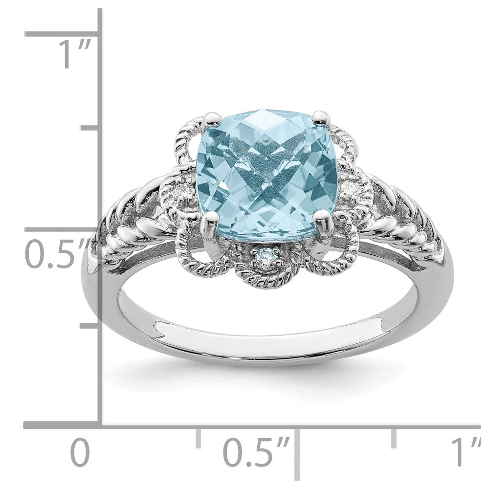 Sterling Silver Rhodium Checker Cut Sky Blue Topaz & Diamond Ring