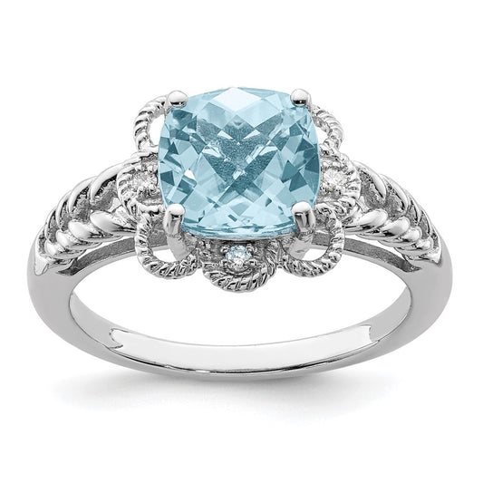 Sterling Silver Rhodium Checker Cut Sky Blue Topaz & Diamond Ring