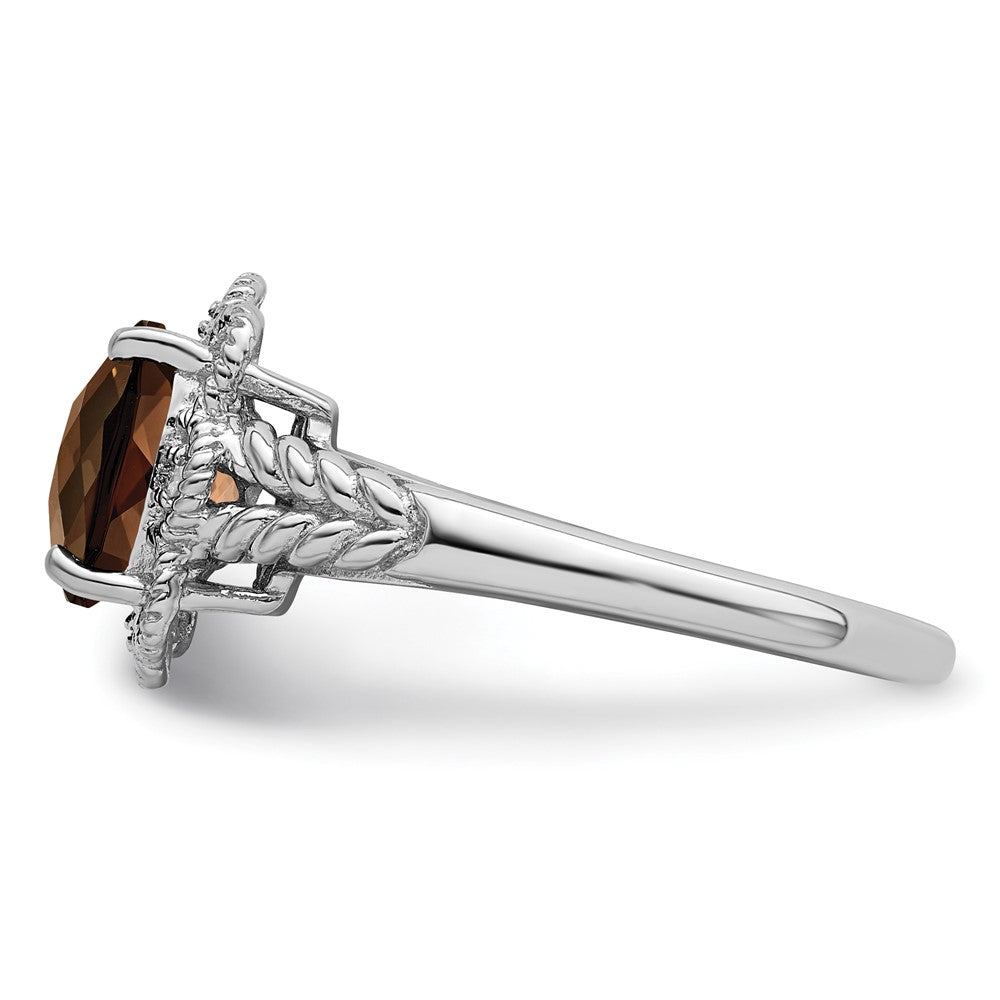 Sterling Silver Rhodium Checker Cut Smoky Quartz & Diamond Ring