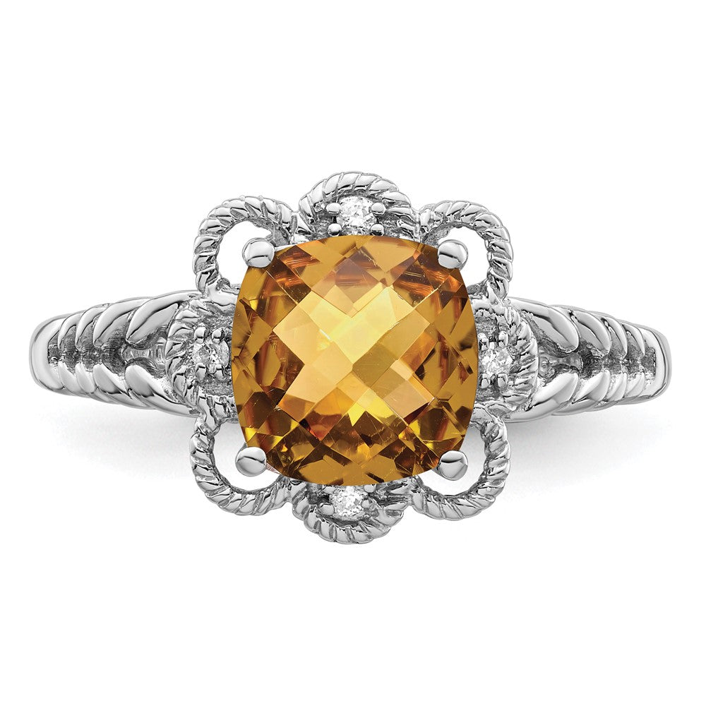 Sterling Silver Rhodium Checker Cut Whiskey Quartz & Diamond Ring