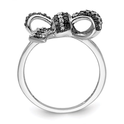 Sterling Silver White Night Rhodium Plated Black And Diamond Bow Ring