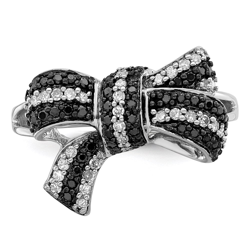 Sterling Silver White Night Rhodium Plated Black And Diamond Bow Ring