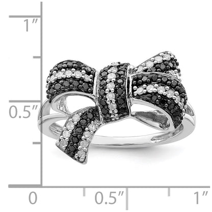 Sterling Silver White Night Rhodium Plated Black And Diamond Bow Ring