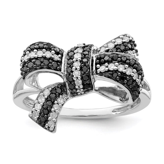 Sterling Silver White Night Rhodium Plated Black And Diamond Bow Ring