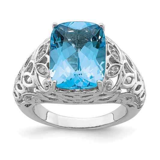Sterling Silver Rhodium Swiss Blue Topaz & Diamond Ring (Size 7 Only)