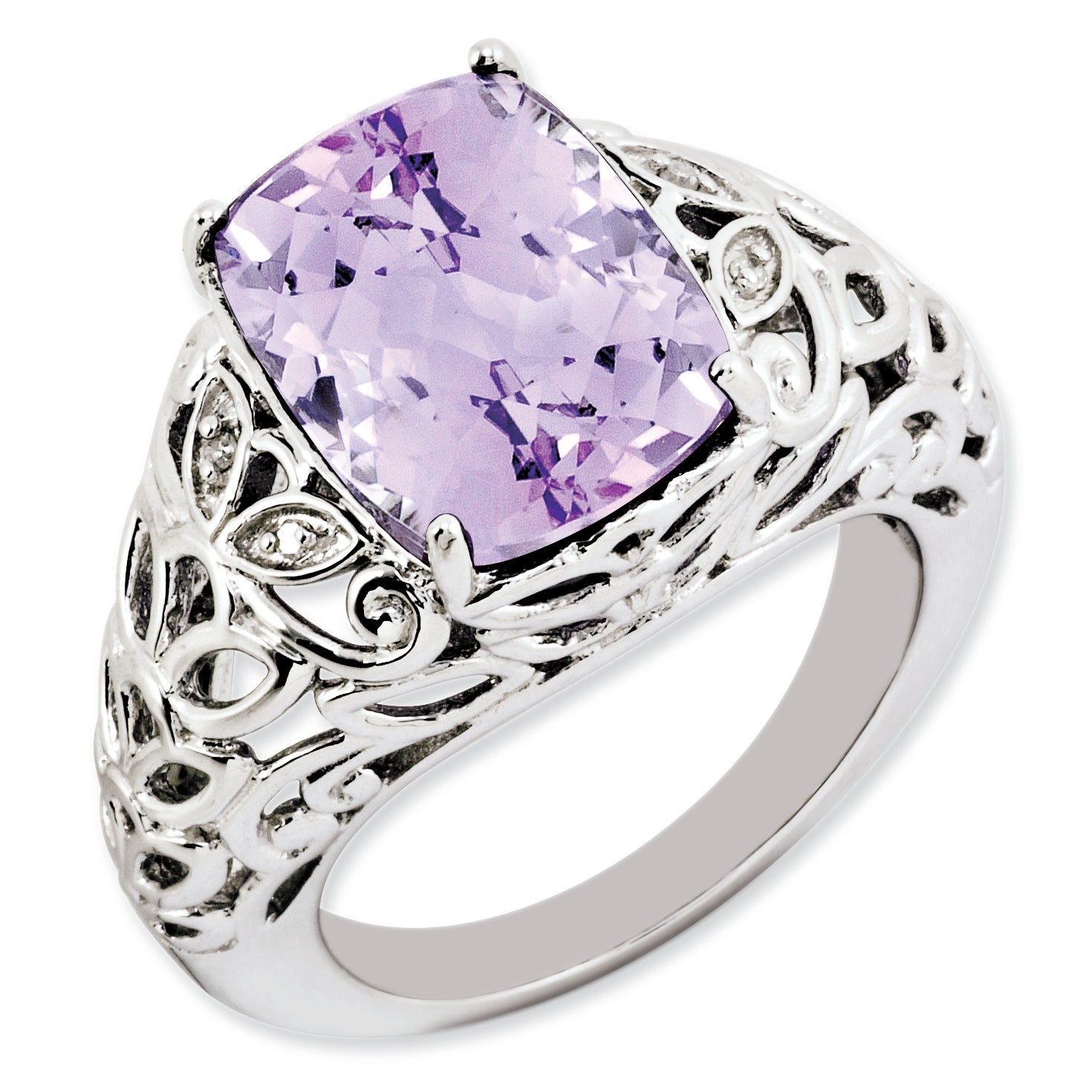 Sterling Silver Rhodium Plated Pink Quartz & Diamond Ring (Size 7 Only)