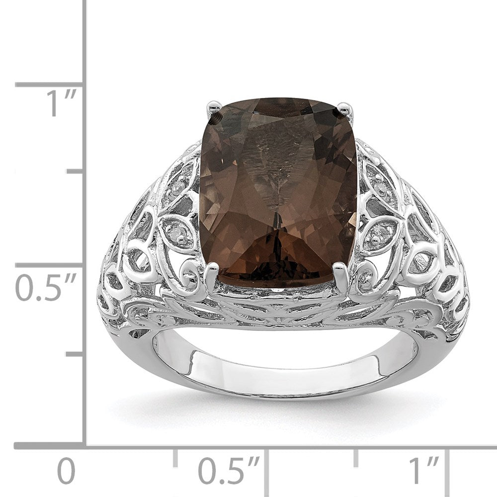 Sterling Silver Rhodium Smoky Quartz & Diamond Ring (Size 7 Only)