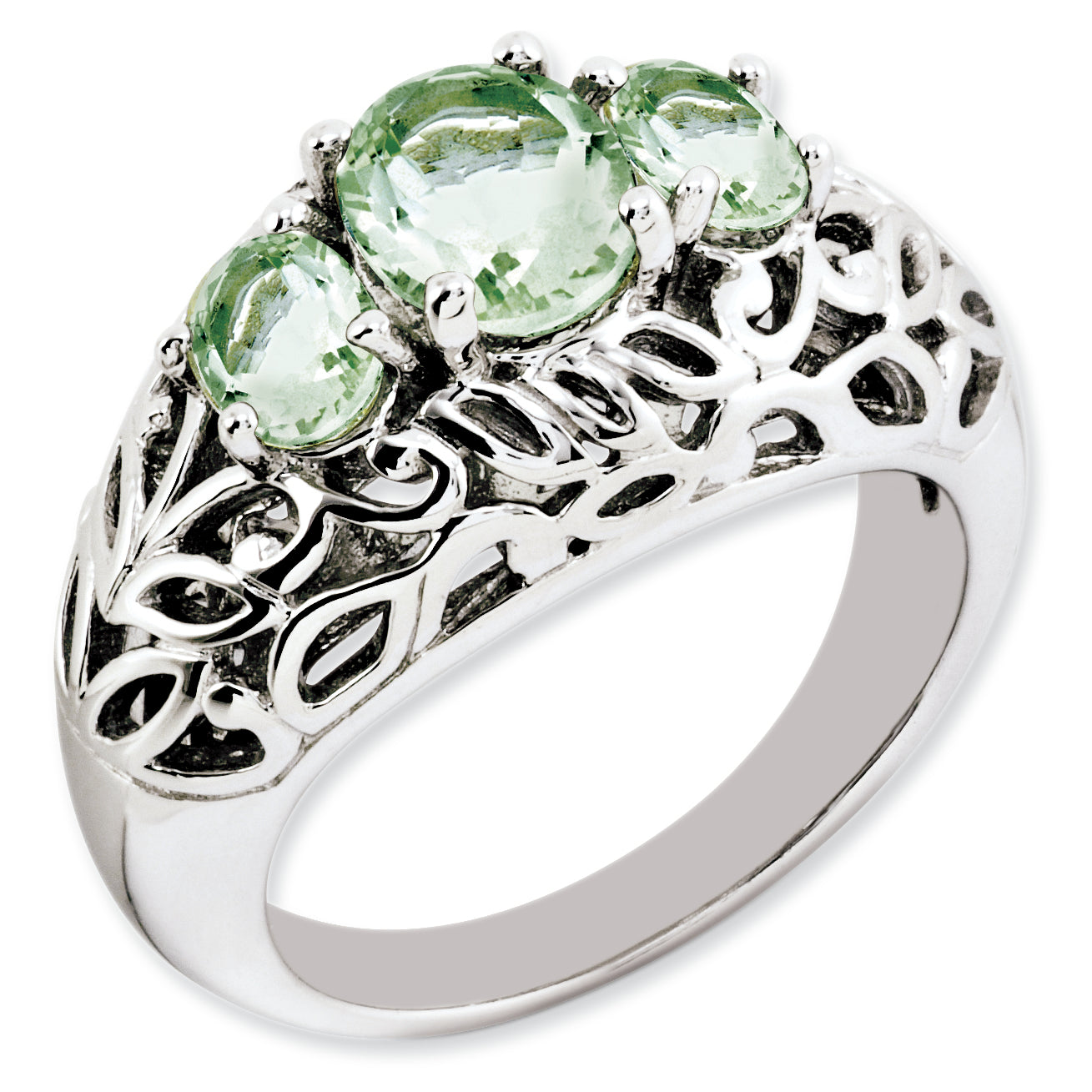 Sterling Silver Rhodium Plated Oval Green Quartz Ring (Size 7 Only)