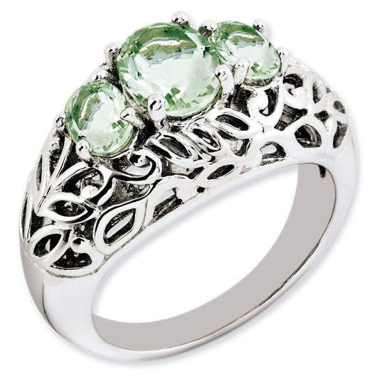 Sterling Silver Rhodium Plated Oval Green Quartz Ring (Size 7 Only)