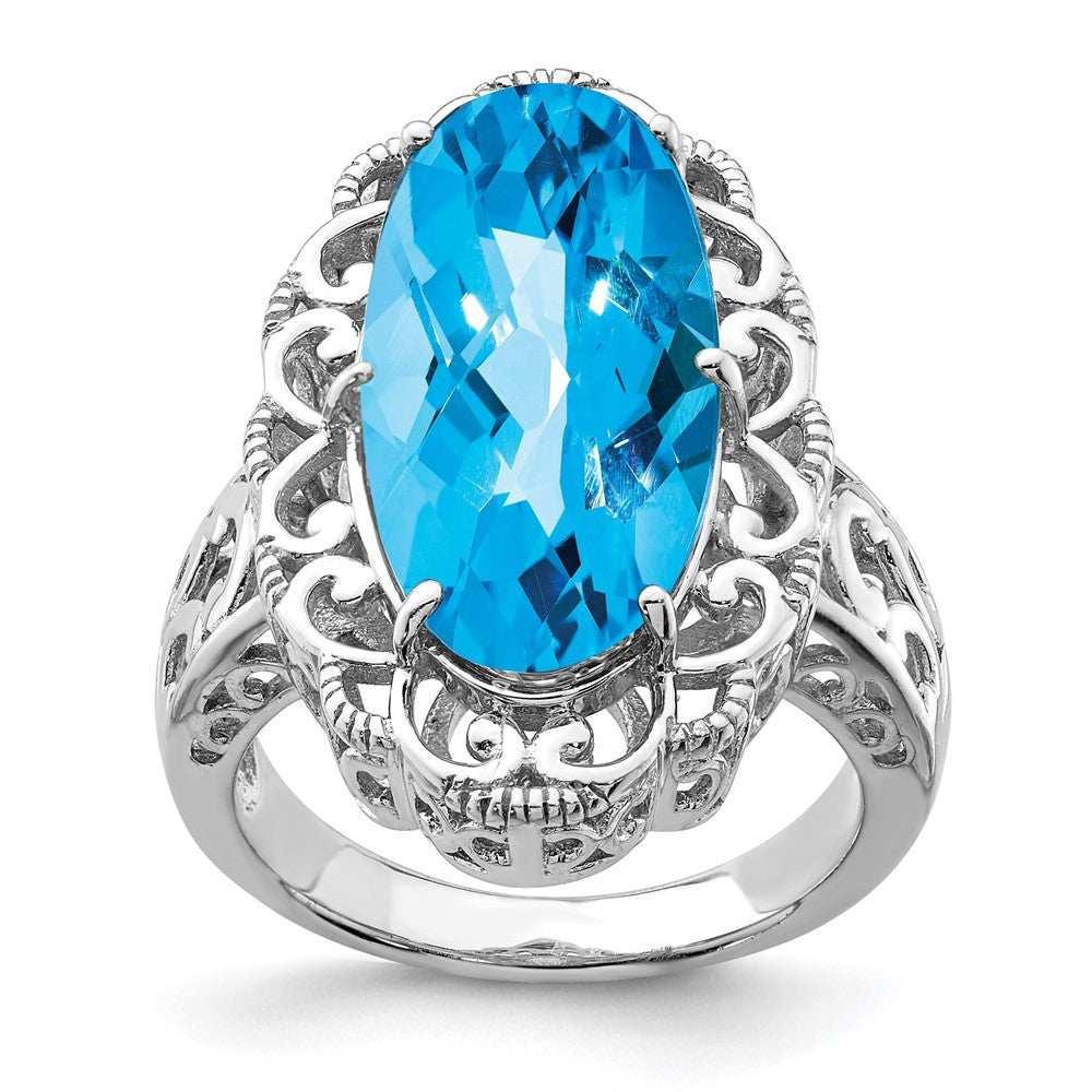 Sterling Silver Rhodium Oval Blue Topaz Ring (Size 7 Only)