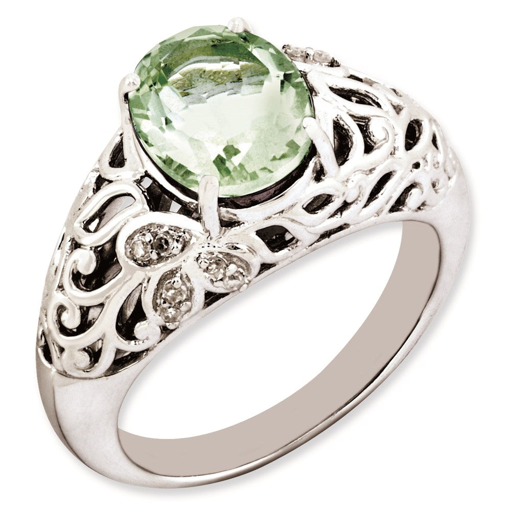 Sterling Silver Rhodium Plated Oval Green Quartz & Diamond Ring (Size 7 Only)