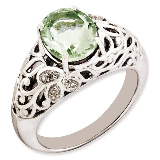 Sterling Silver Rhodium Plated Oval Green Quartz & Diamond Ring (Size 7 Only)