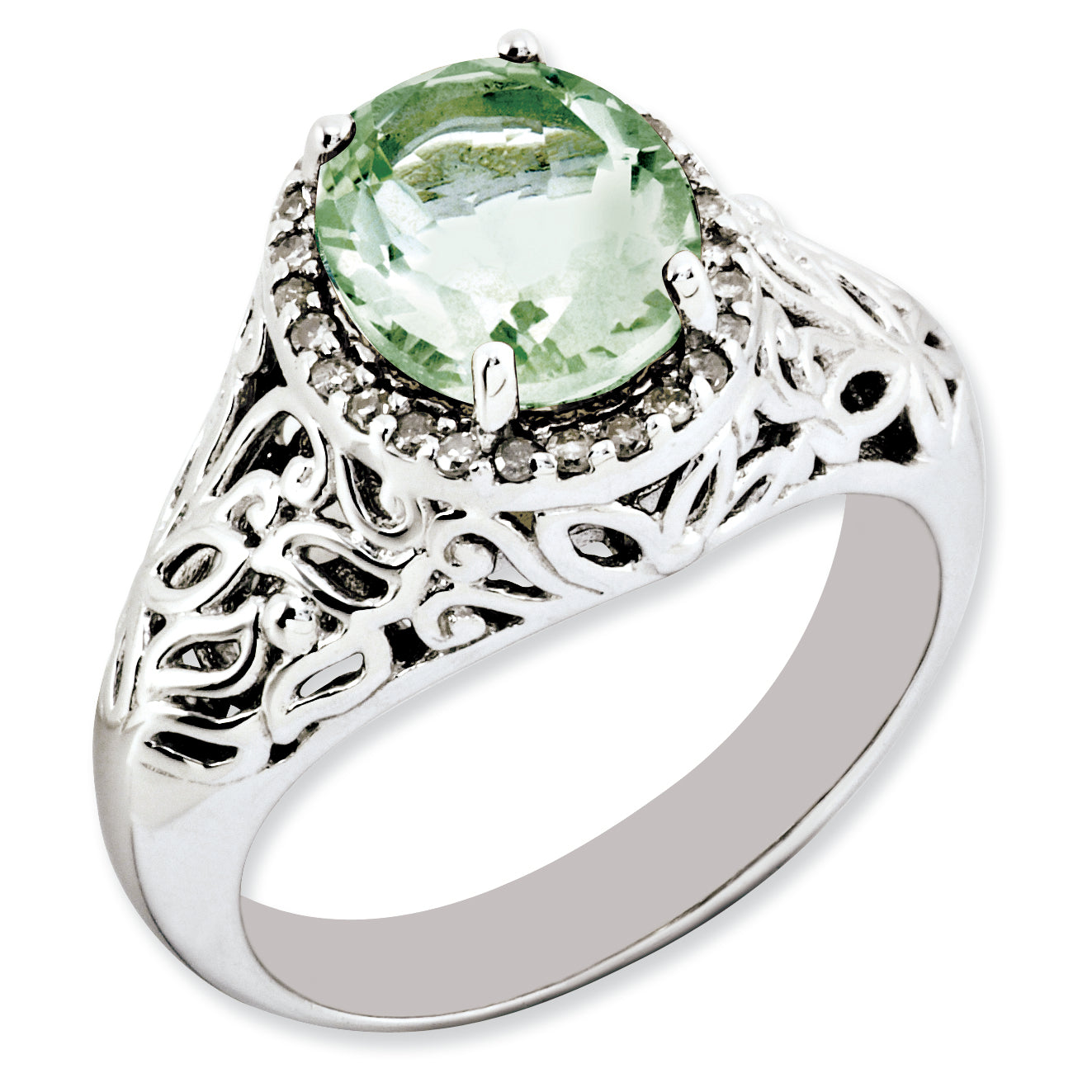 Sterling Silver Rhodium Plated Oval Green Quartz & Diamond Ring (Size 7 Only)