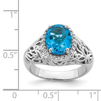 Sterling Silver Rhodium Oval Swiss Blue Topaz & Diamond Ring (Size 7 Only)