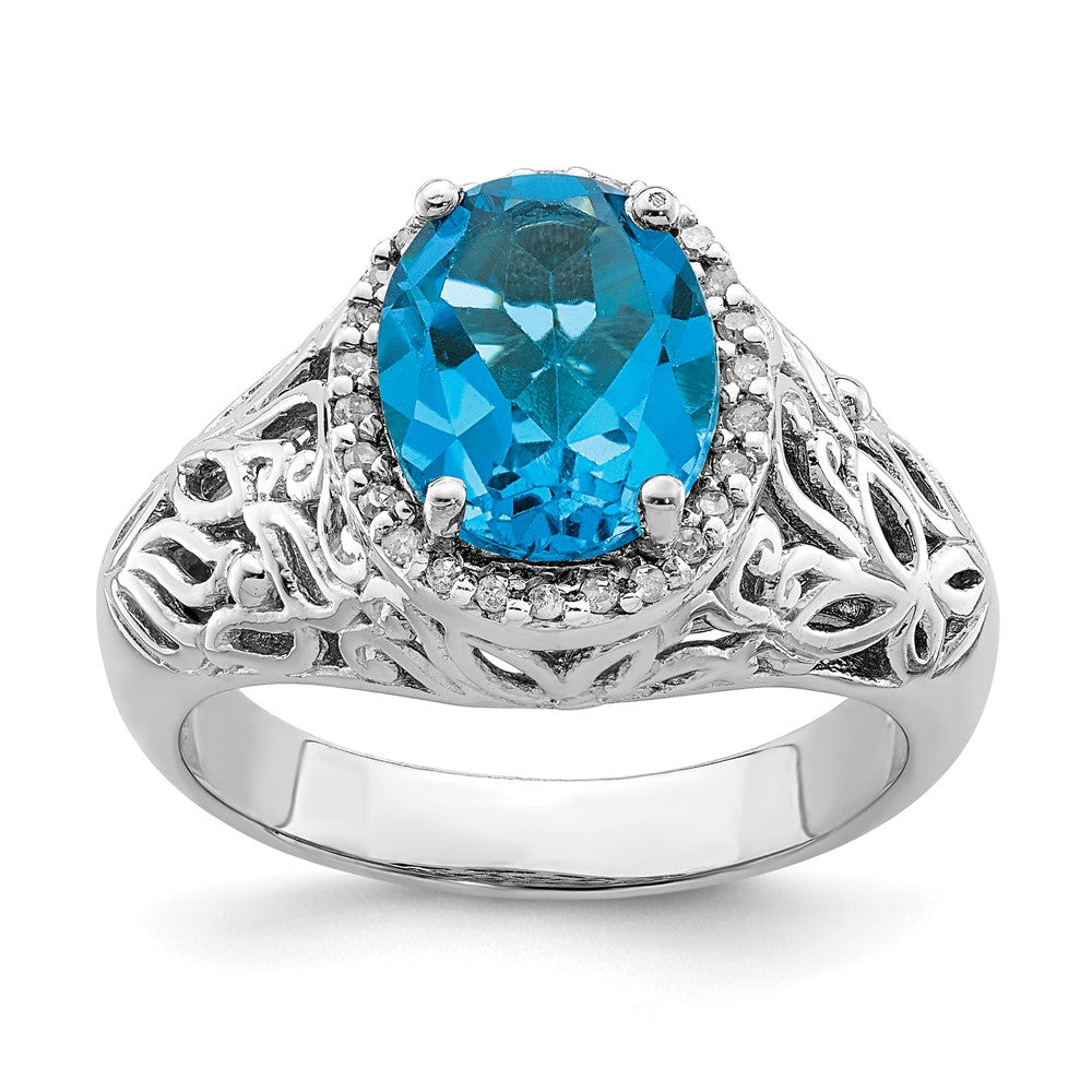 Sterling Silver Rhodium Oval Swiss Blue Topaz & Diamond Ring (Size 7 Only)