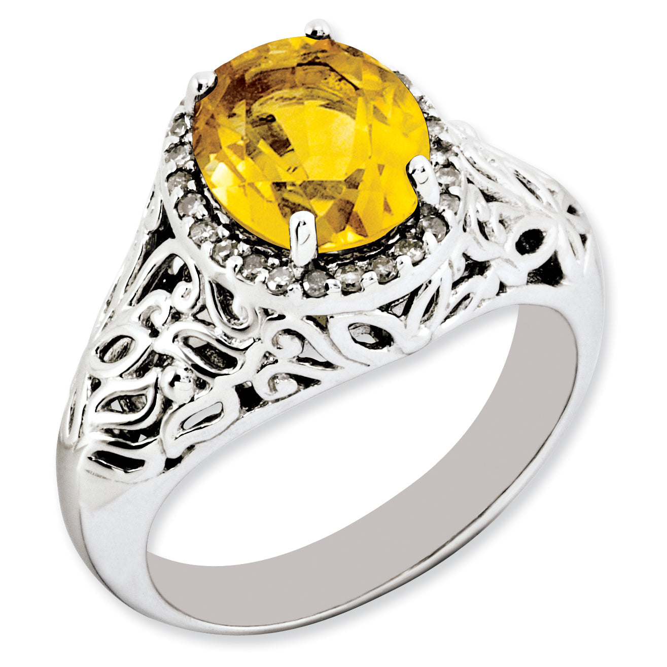 Sterling Silver Rhodium Plated Oval Citrine & Diamond Ring (Size 7 Only)