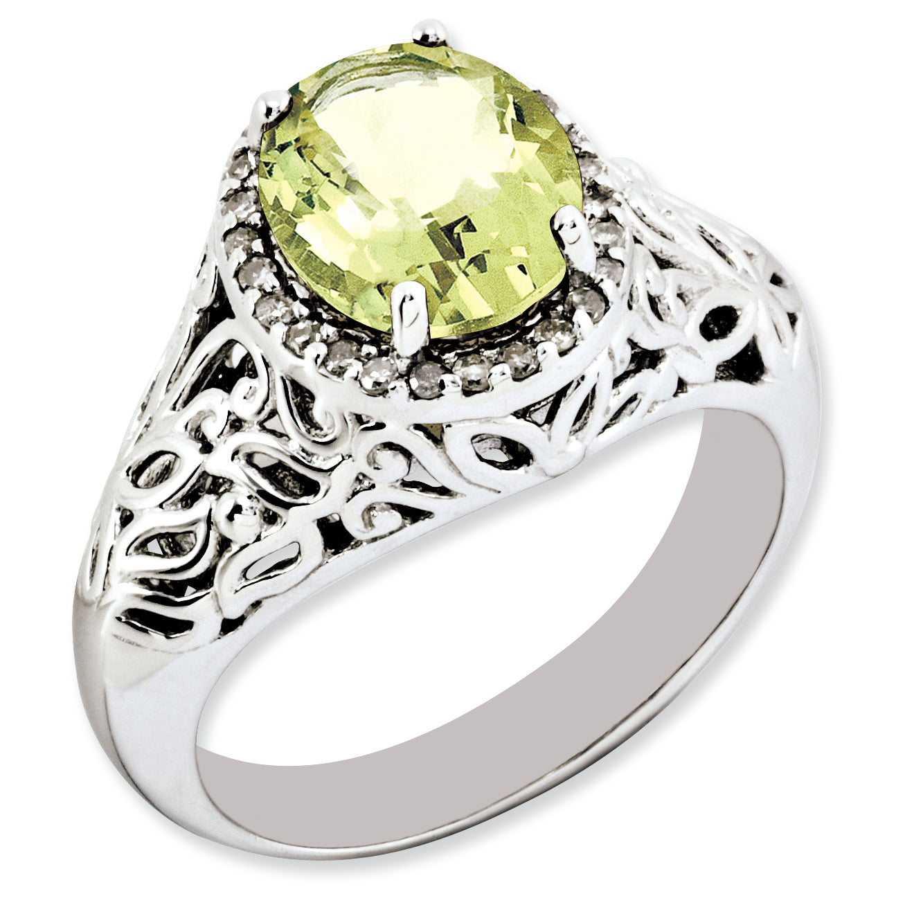 Sterling Silver Rhodium Plated Oval Lemon Quartz & Diamond Ring (Size 7 Only)