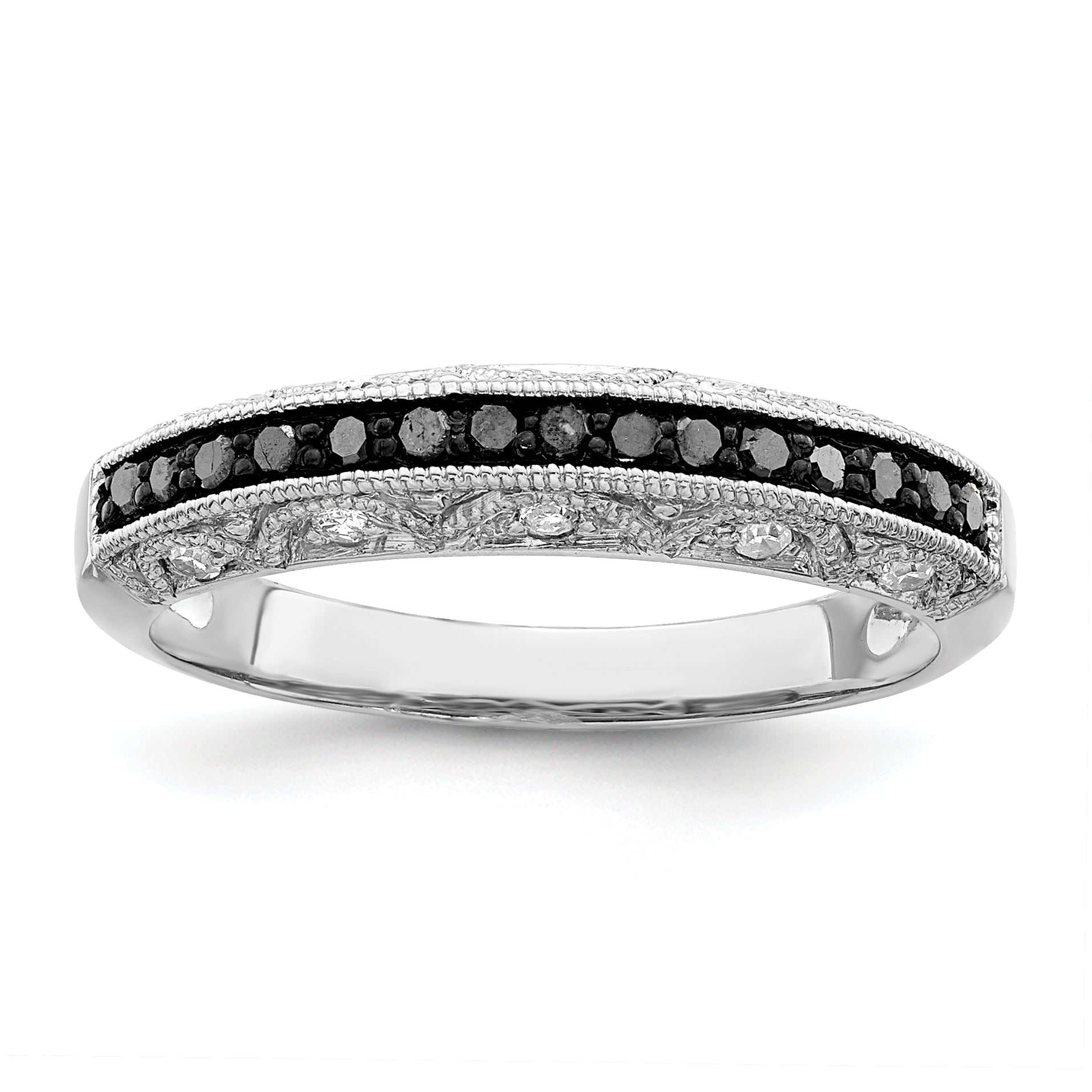 Sterling Silver White Night Rhodium Plated Black And Diamond Band