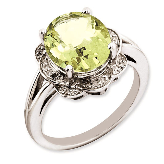 Sterling Silver Rhodium Plated Oval Lemon Quartz & Diamond Ring (Size 7 Only)
